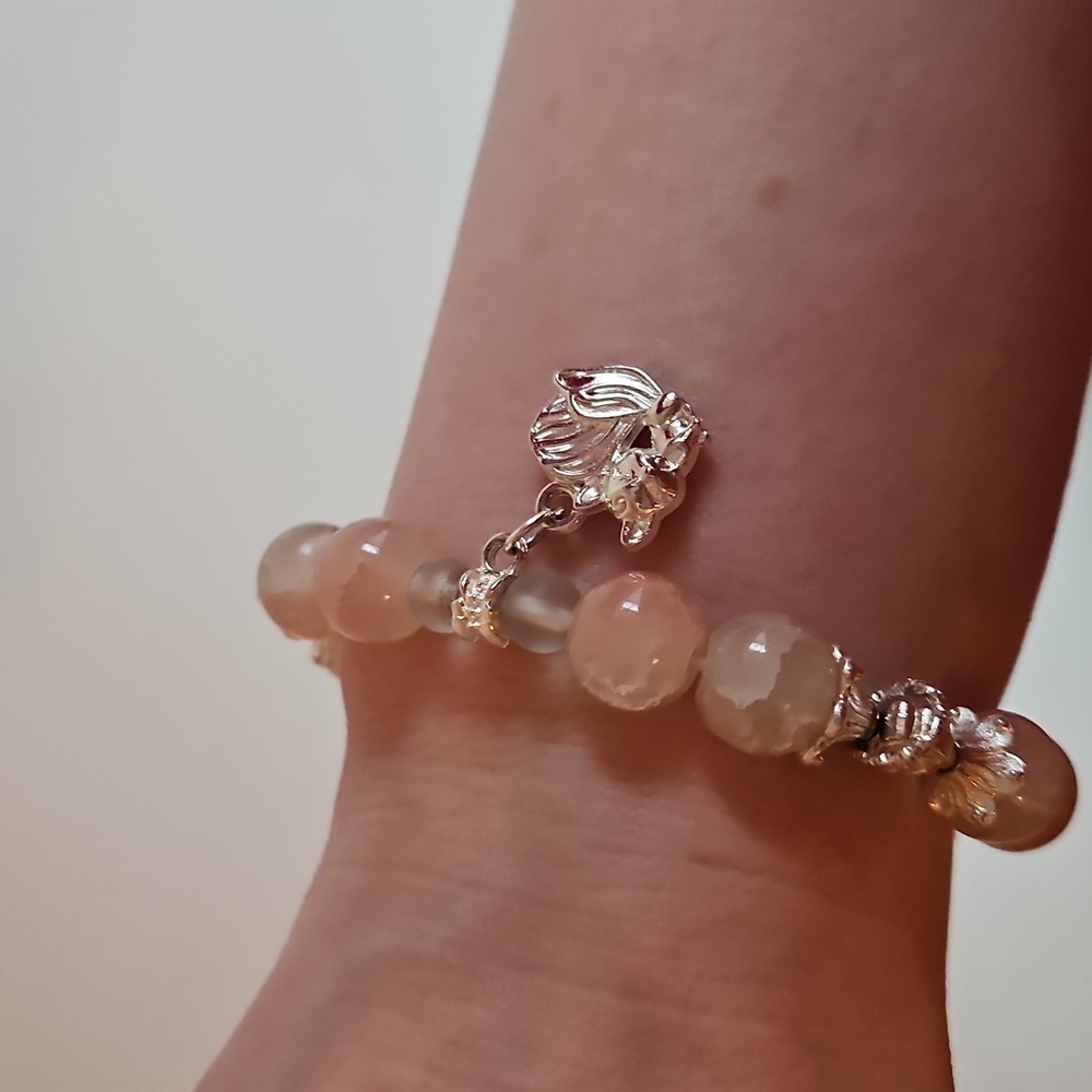Elegant Silver And Pink Beaded Cat Charm Bracelet, Nwot!